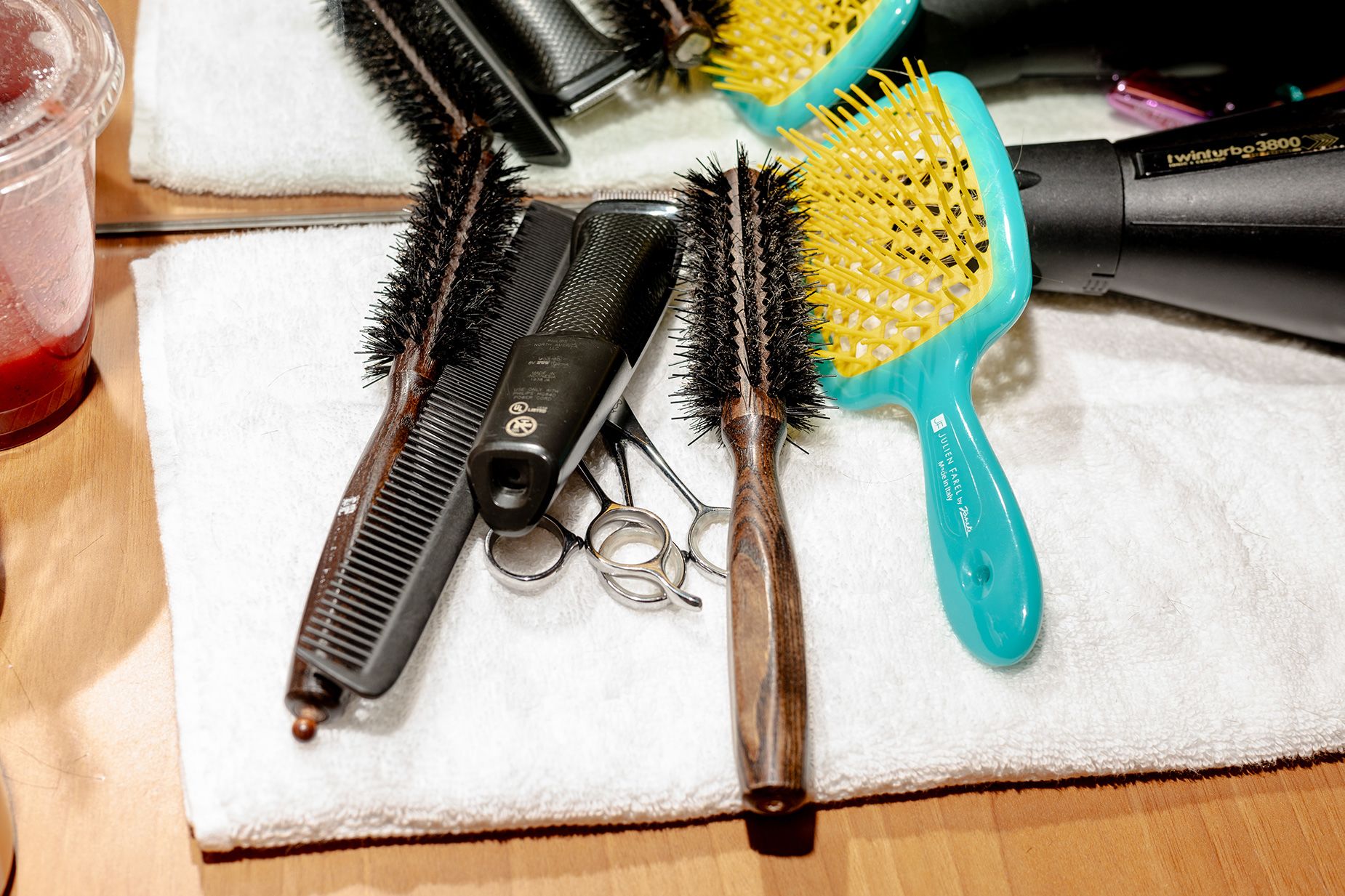 Hair styling tools sit at a station in Julien Farel's salon inside of Arthur Ashe stadium in Queens, New York, on Wednesday, August 30.